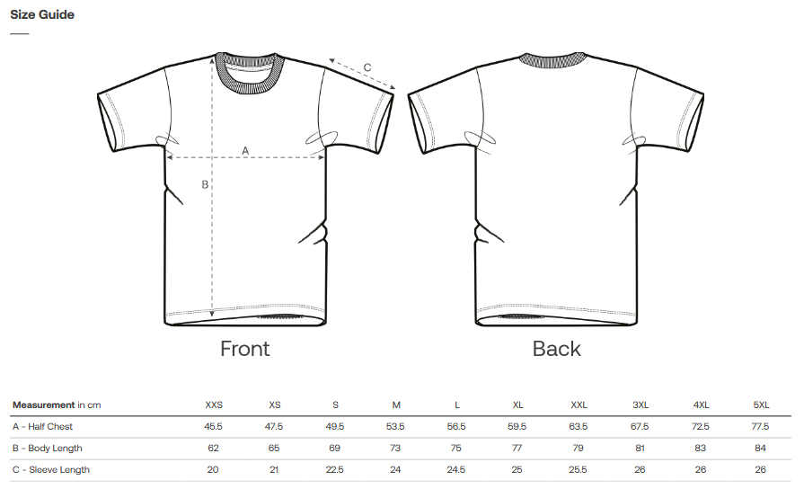 T-shirt size guide with front and back views and measurement chart.